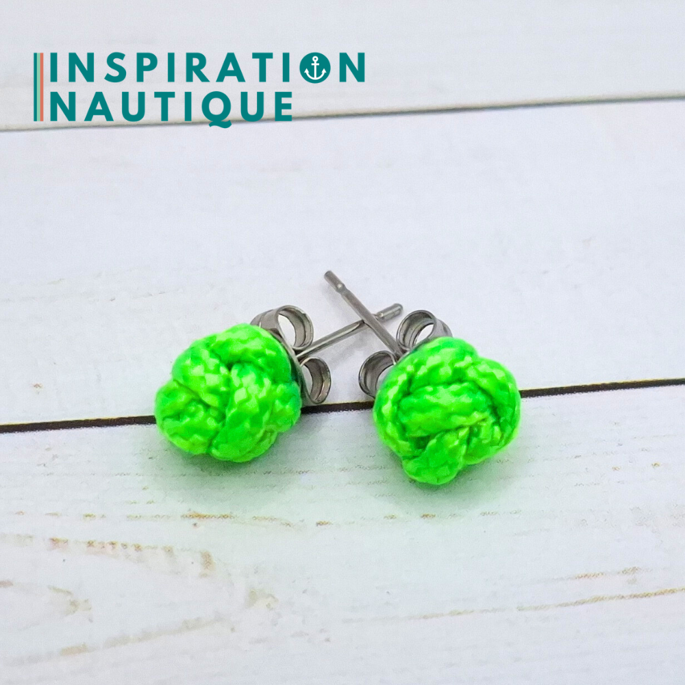 Boucles d'oreilles nautiques, boutons en noeud de sifflet de bosco, Vert fluo