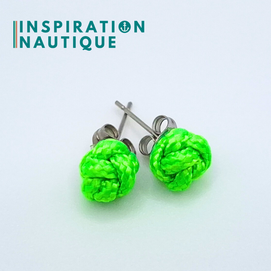 Boucles d'oreilles nautiques, boutons en noeud de sifflet de bosco, Vert fluo