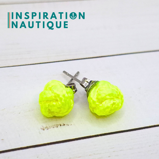 Boucles d'oreilles nautiques, boutons en noeud de sifflet de bosco, Jaune fluo