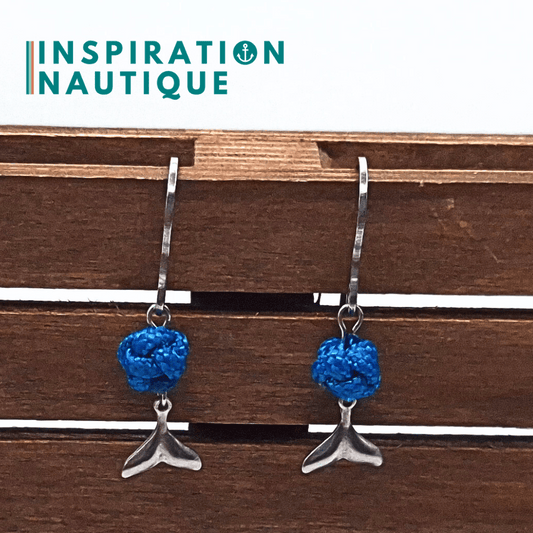 Boucles d'oreilles avec bille en corde et queue de baleine en acier inoxydable, Bleu Caraïbes