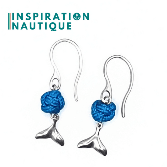 Boucles d'oreilles avec bille en corde et queue de baleine en acier inoxydable, Bleu Caraïbes