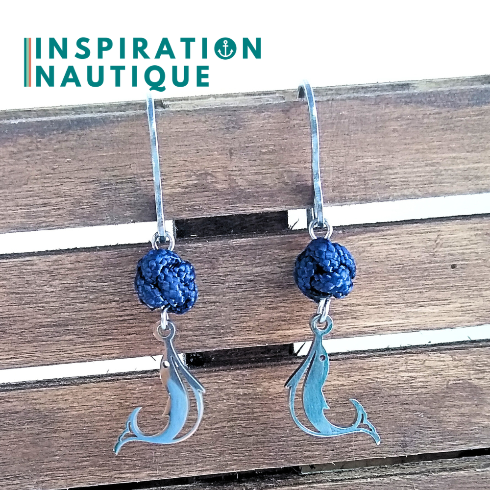 Boucles d'oreilles avec bille en corde et dauphin en acier inoxydable, Marines