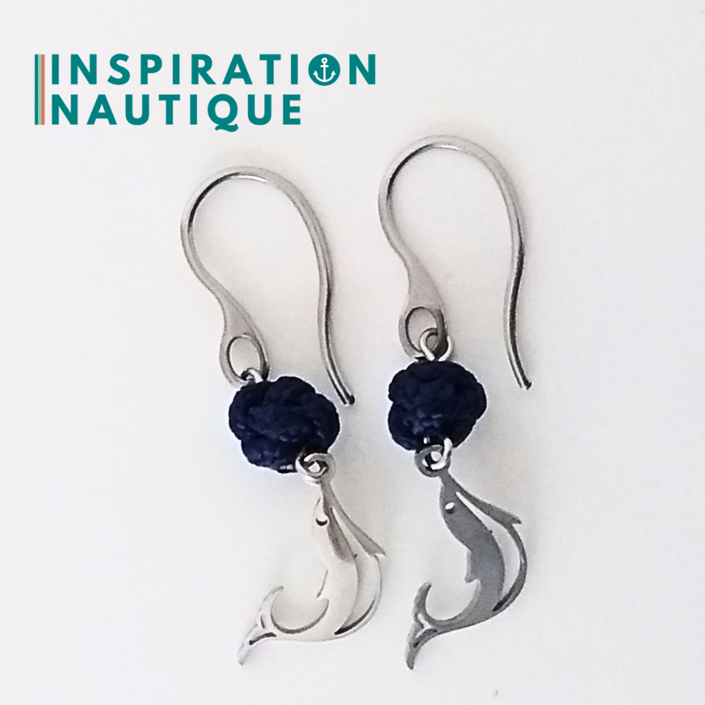 Boucles d'oreilles avec bille en corde et dauphin en acier inoxydable, Marines