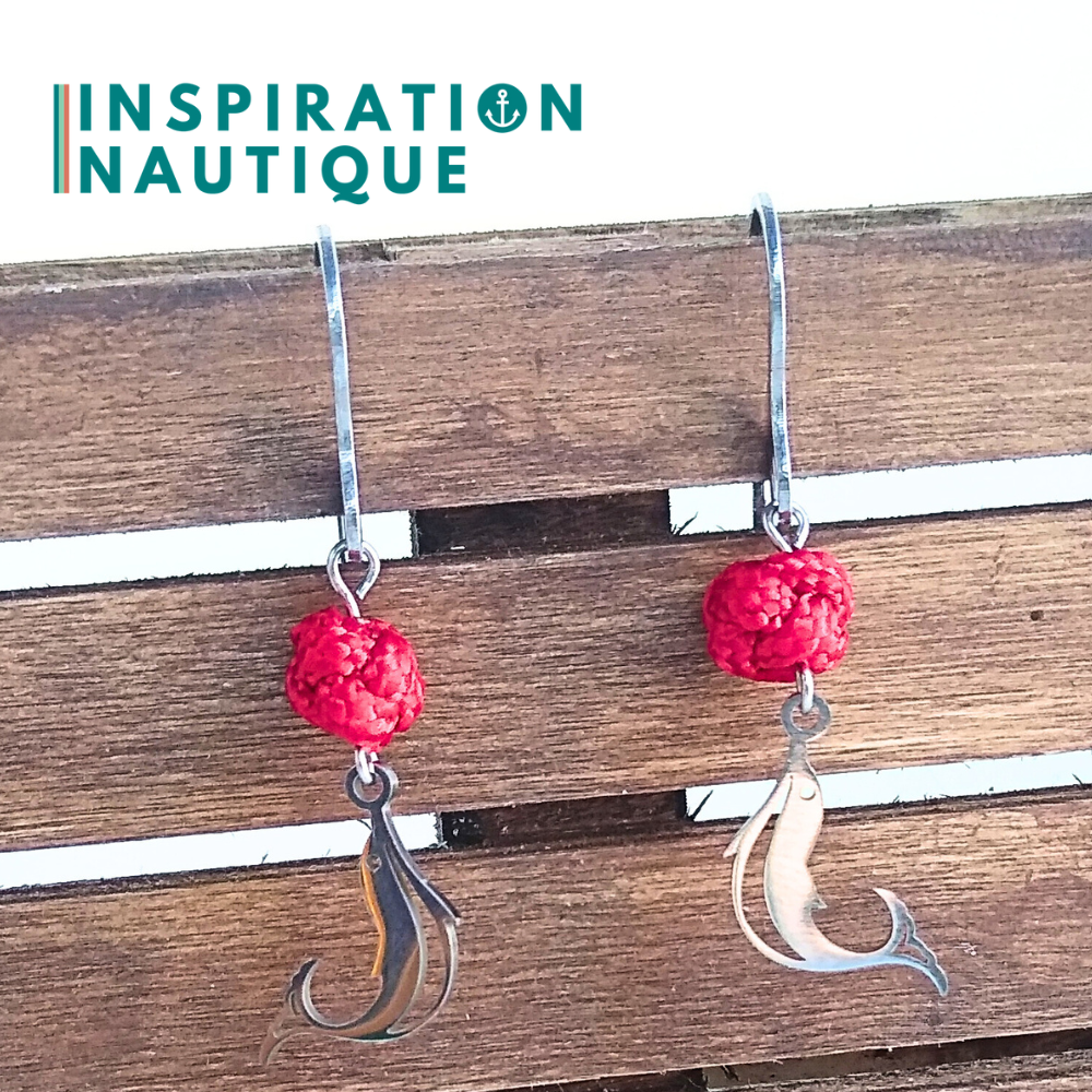 Boucles d'oreilles avec bille en corde et dauphin en acier inoxydable, Rouges