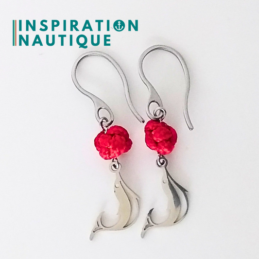 Boucles d'oreilles avec bille en corde et dauphin en acier inoxydable, Rouges