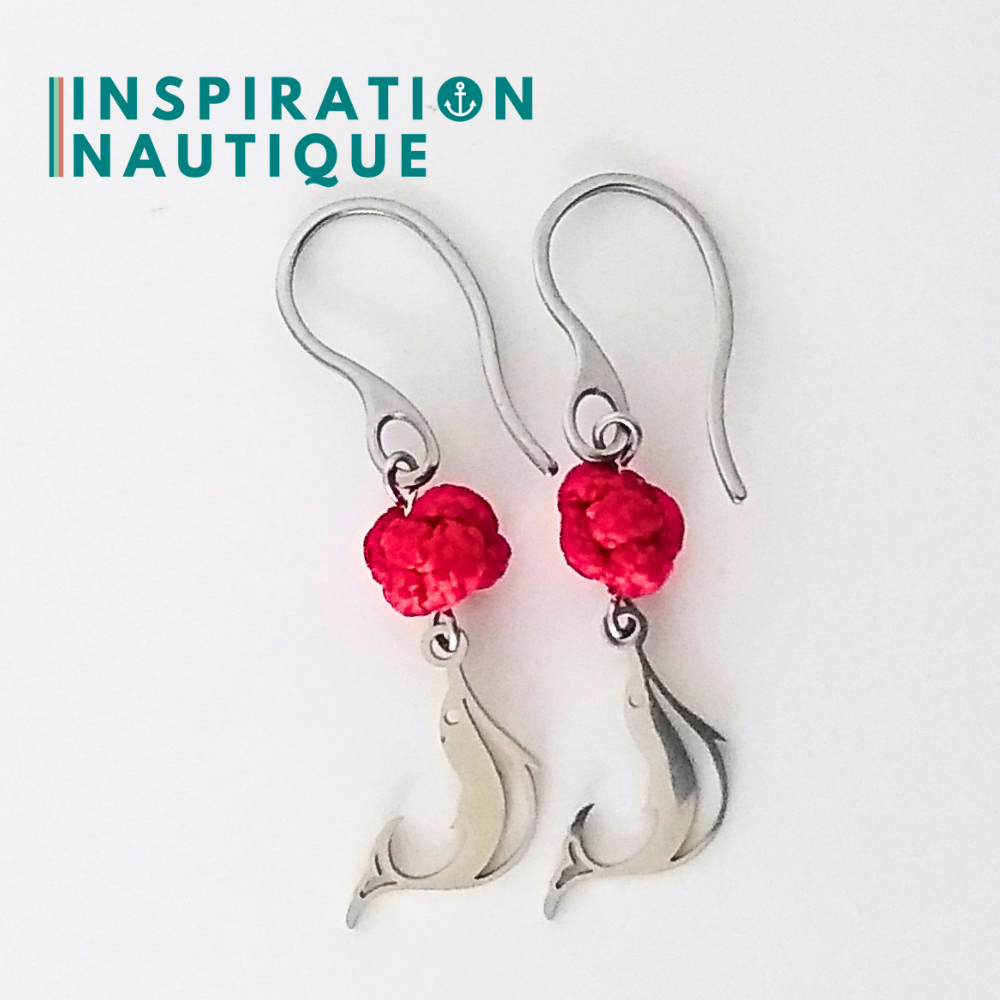 Boucles d'oreilles avec bille en corde et dauphin en acier inoxydable, Rouges