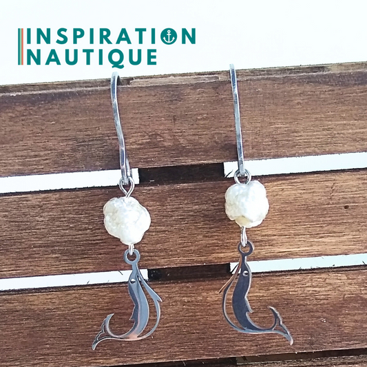 Boucles d'oreilles avec bille en corde et dauphin en acier inoxydable, Blanches