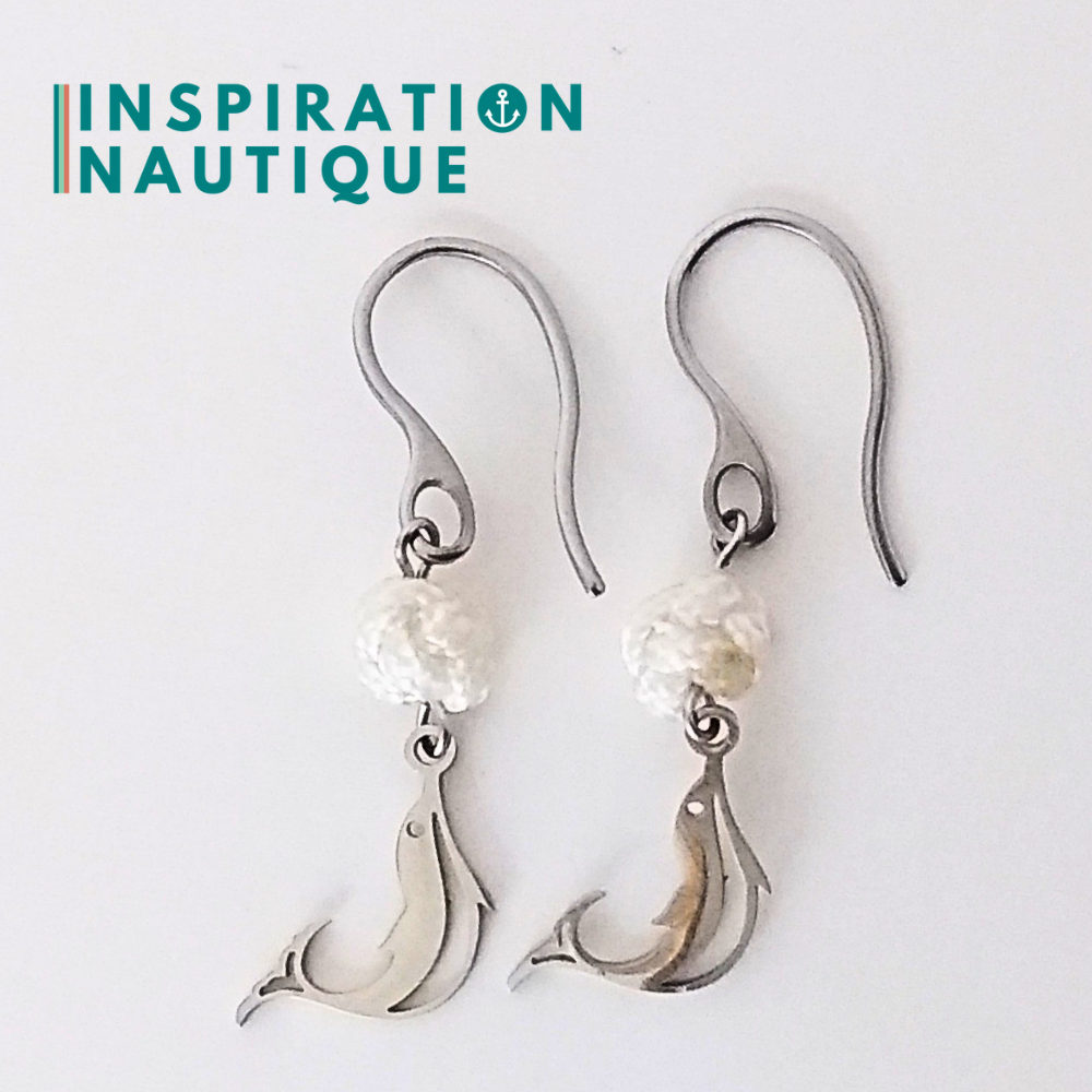 Boucles d'oreilles avec bille en corde et dauphin en acier inoxydable, Blanches