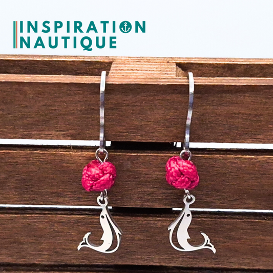 Boucles d'oreilles avec bille en corde et dauphin en acier inoxydable, Fuchsia