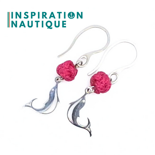 Boucles d'oreilles avec bille en corde et dauphin en acier inoxydable, Fuchsia