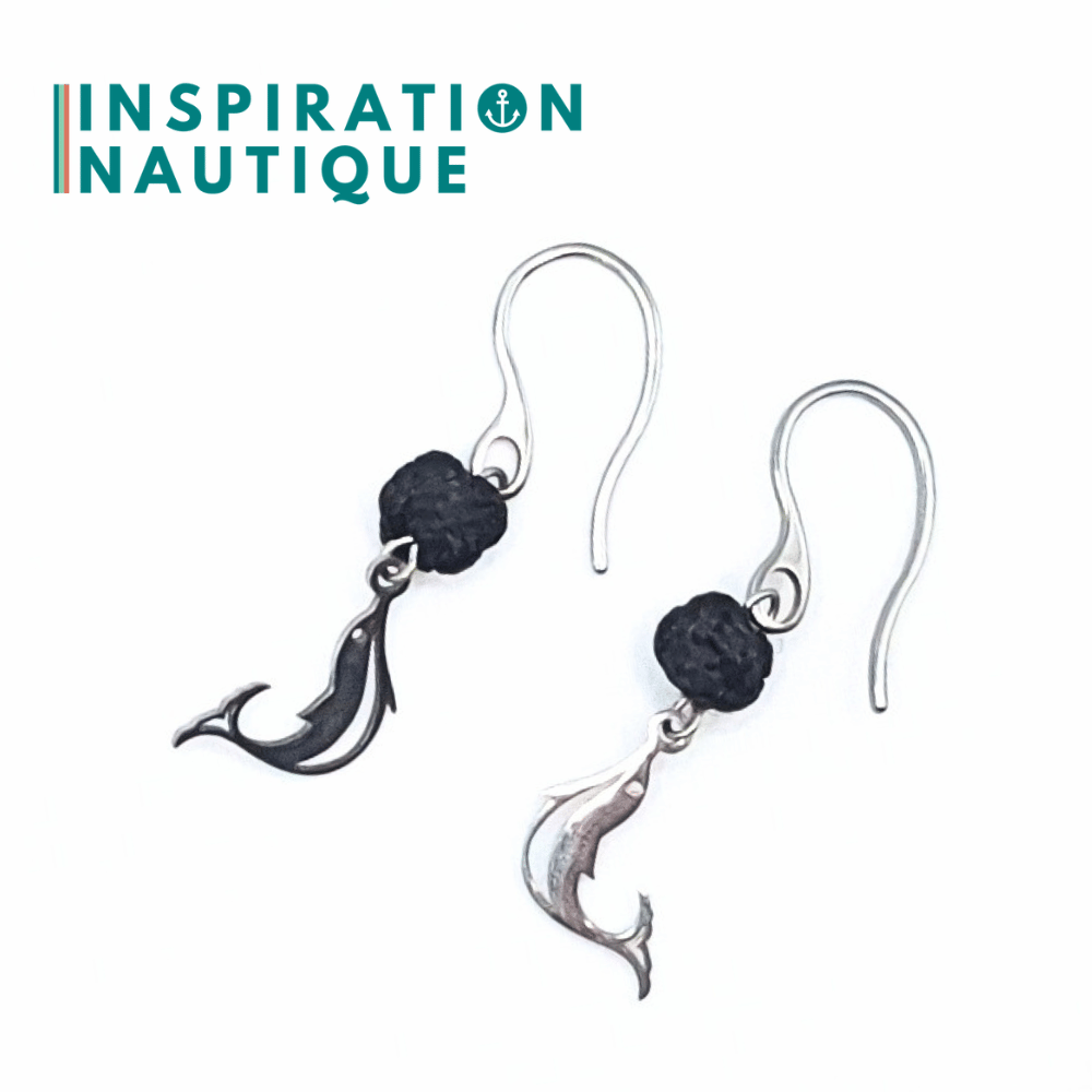 Boucles d'oreilles avec bille en corde et dauphin en acier inoxydable, Noires