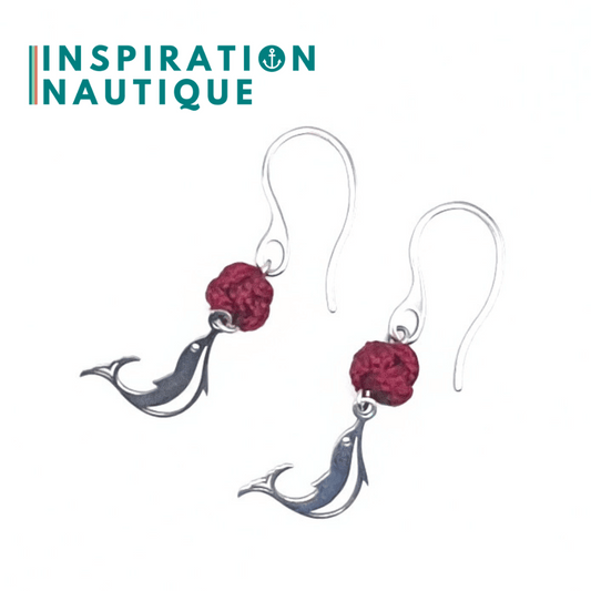 Boucles d'oreilles avec bille en corde et dauphin en acier inoxydable, Bourgognes