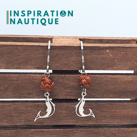 Boucles d'oreilles avec bille en corde et dauphin en acier inoxydable, Rouilles