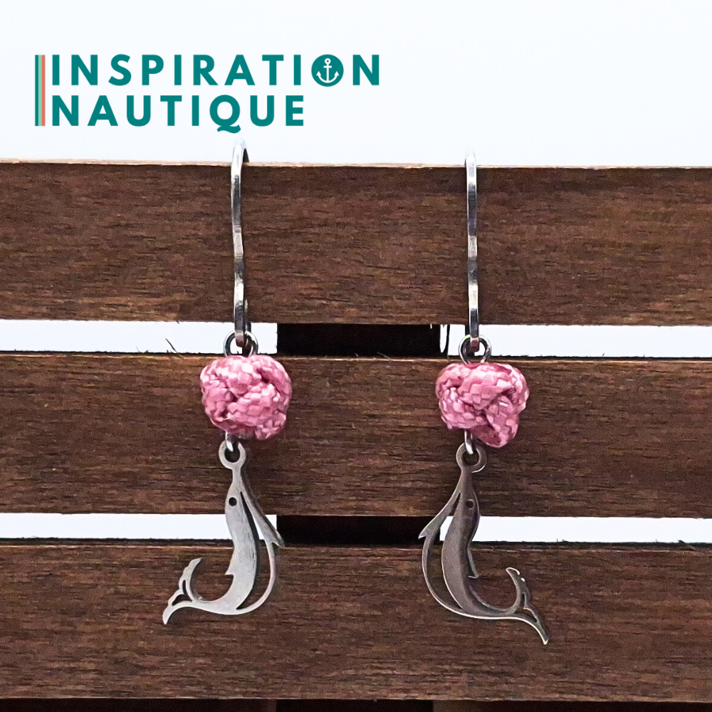 Boucles d'oreilles avec bille en corde et dauphin en acier inoxydable, Lavande rose