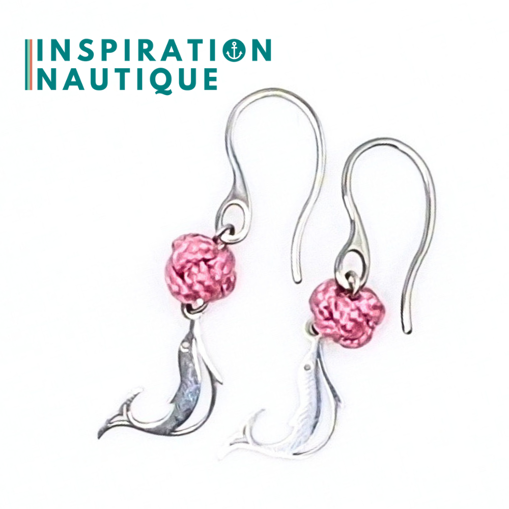 Boucles d'oreilles avec bille en corde et dauphin en acier inoxydable, Lavande rose