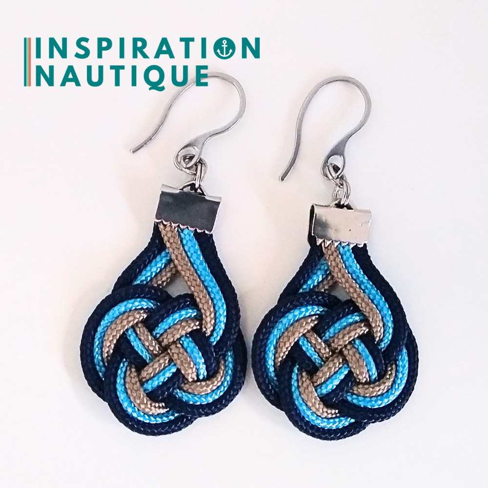 Boucles d'oreilles Double Coin Knot, Marine, sable et bleu pâle