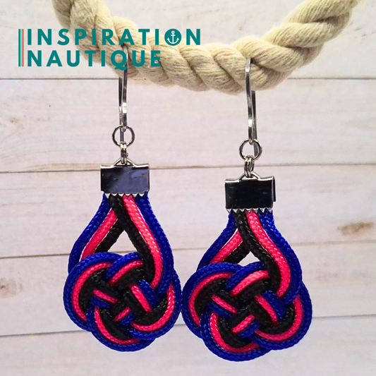 Boucles d'oreilles Double Coin Knot, Bleu, rose fluo et noir