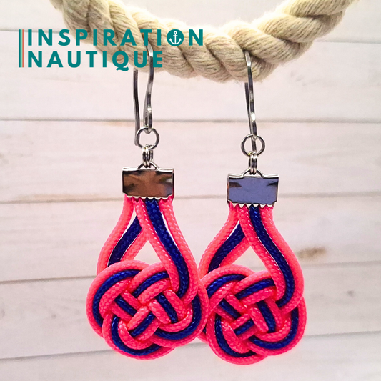 Boucles d'oreilles Double Coin Knot, Rose fluo et bleu