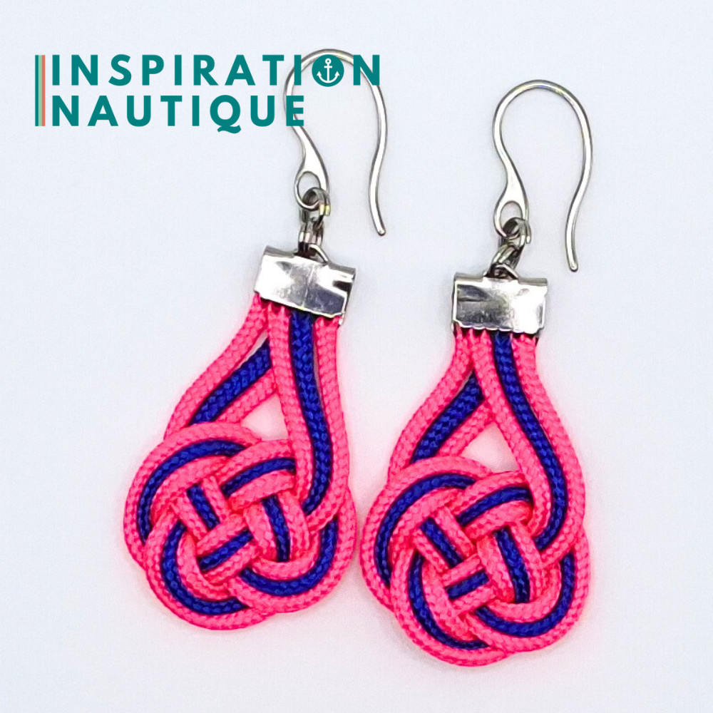 Boucles d'oreilles Double Coin Knot, Rose fluo et bleu