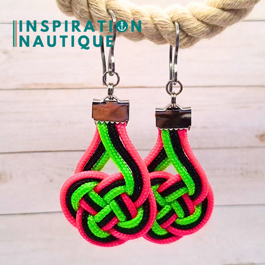 Boucles d'oreilles Double Coin Knot, Rose fluo, noir et vert fluo