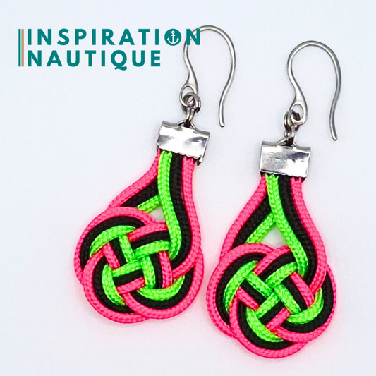 Boucles d'oreilles Double Coin Knot, Rose fluo, noir et vert fluo