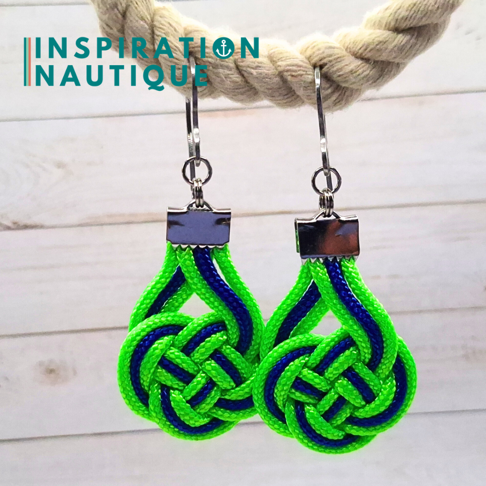 Boucles d'oreilles Double Coin Knot, Vert fluo et bleu