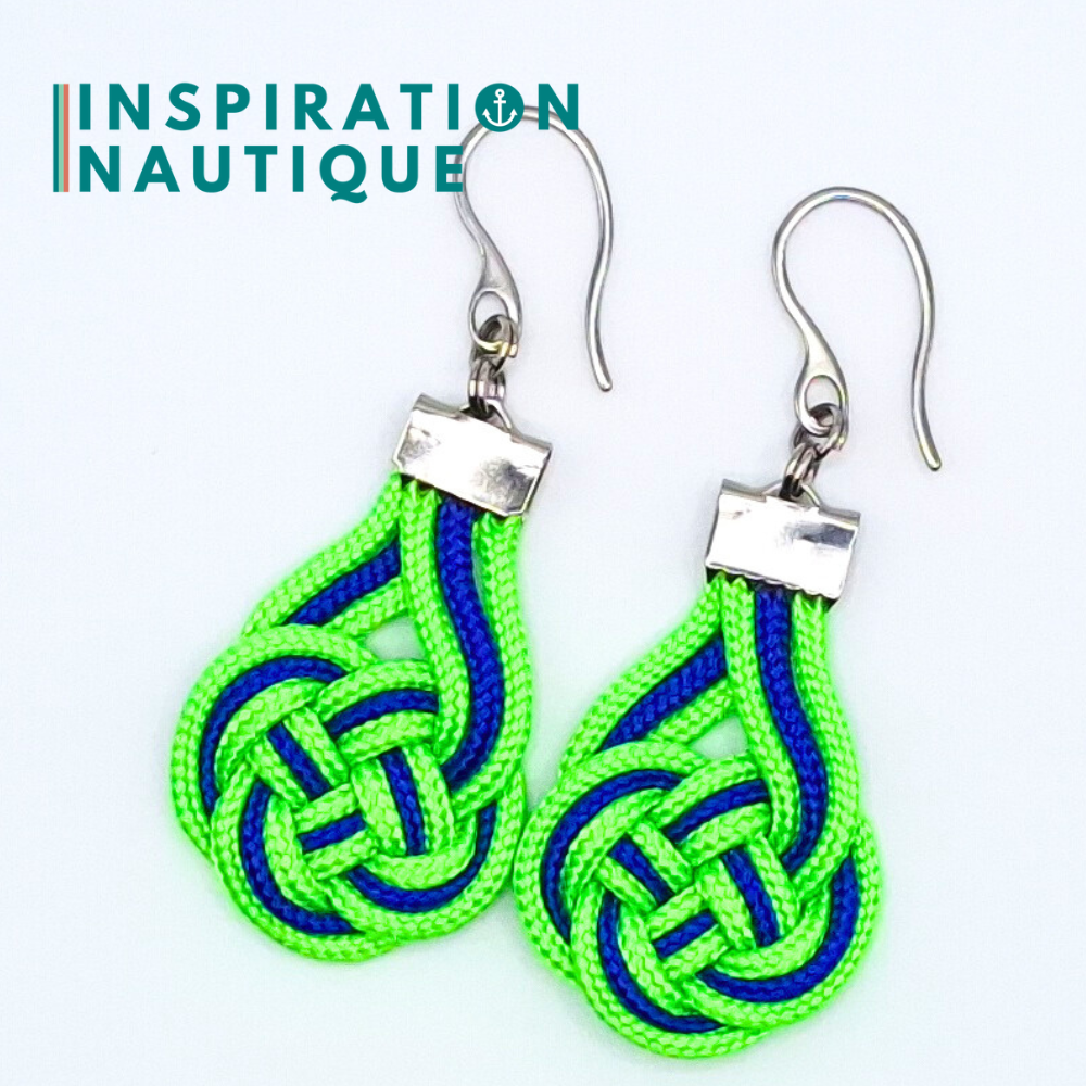 Boucles d'oreilles Double Coin Knot, Vert fluo et bleu