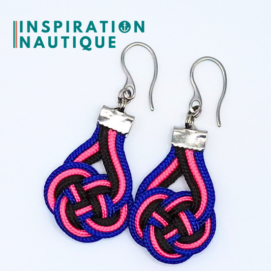 Boucles d'oreilles Double Coin Knot, Bleu, rose fluo et noir