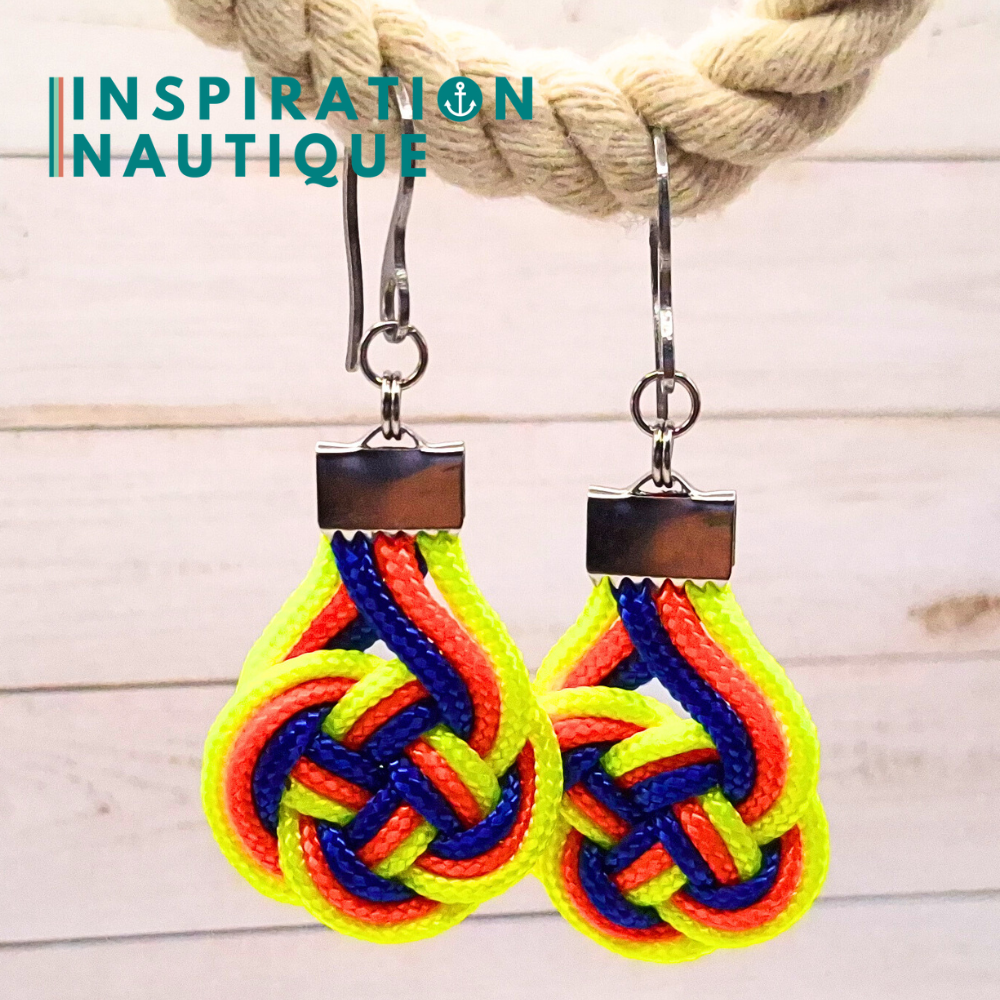 Boucles d'oreilles Double Coin Knot, Jaune fluo, orange fluo et bleu