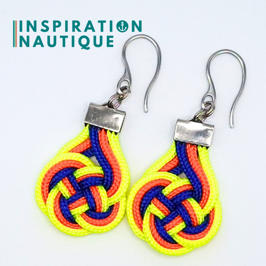 Boucles d'oreilles Double Coin Knot, Jaune fluo, orange fluo et bleu