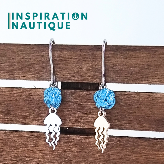 Boucles d'oreilles avec bille en corde et méduse en acier inoxydable, Bleu pâle