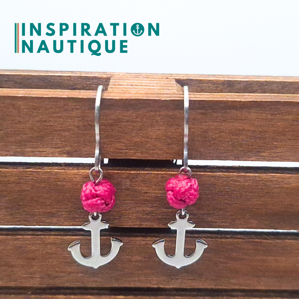 Boucles d'oreilles avec bille en corde et ancre en acier inoxydable, Fuchsia