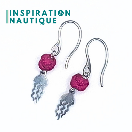 Boucles d'oreilles avec bille en corde et méduse en acier inoxydable, Fuchsia