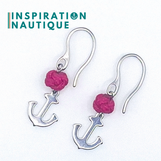 Boucles d'oreilles avec bille en corde et ancre en acier inoxydable, Fuchsia