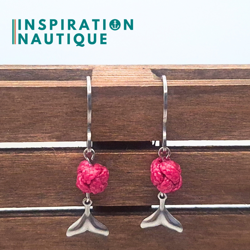 Boucles d'oreilles avec bille en corde et queue de baleine en acier inoxydable, Fuchsia