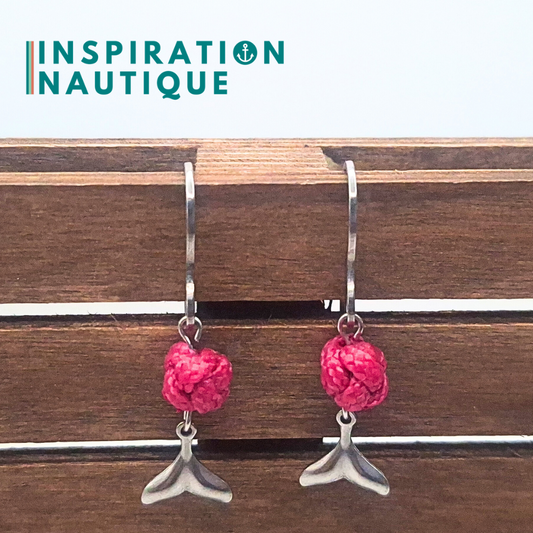 Boucles d'oreilles avec bille en corde et queue de baleine en acier inoxydable, Fuchsia