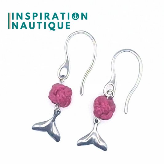 Boucles d'oreilles avec bille en corde et queue de baleine en acier inoxydable, Fuchsia