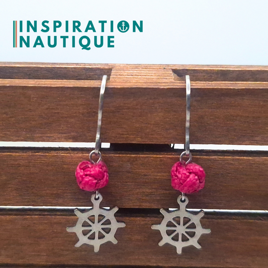 Boucles d'oreilles avec bille en corde et roue en acier inoxydable, Fuchsia