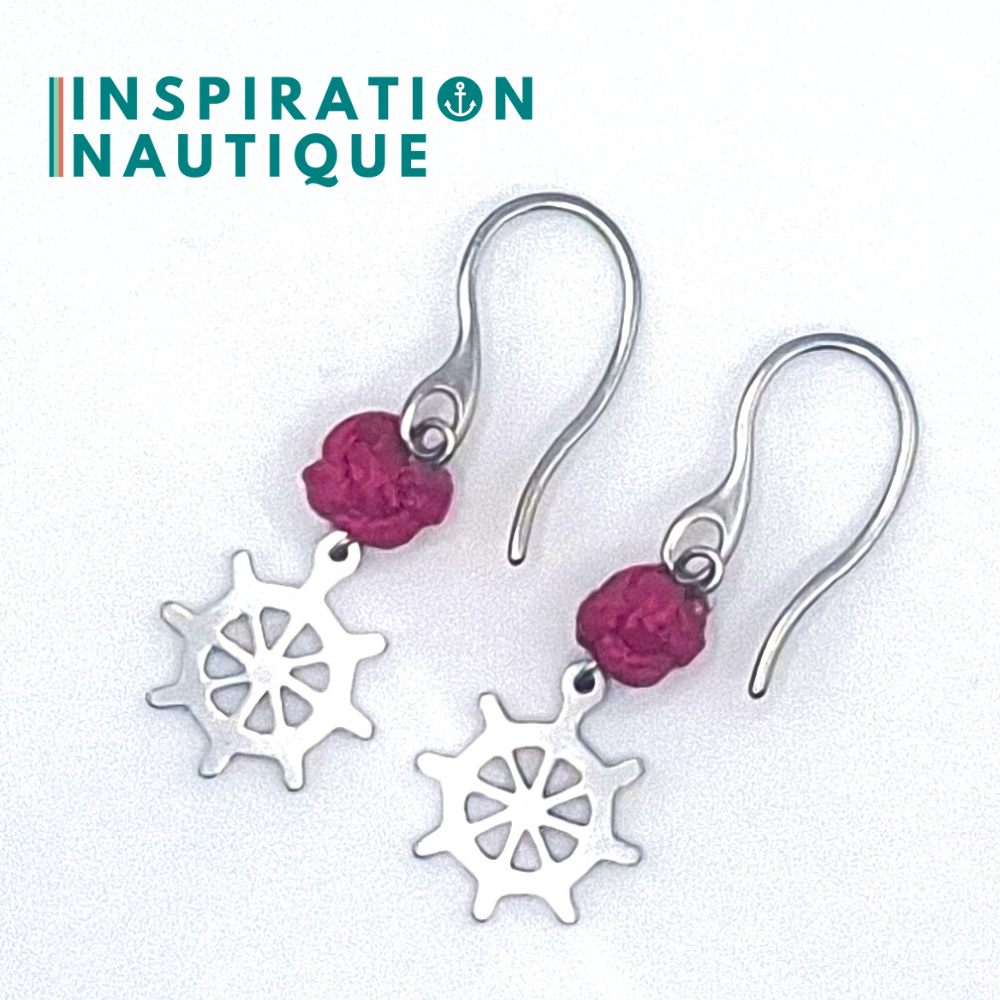 Boucles d'oreilles avec bille en corde et roue en acier inoxydable, Fuchsia