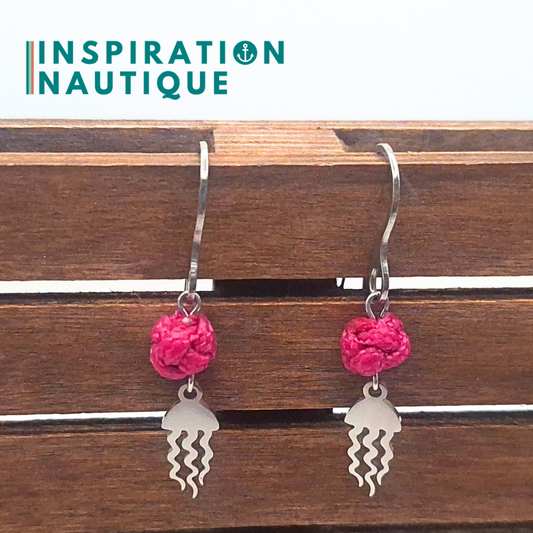 Boucles d'oreilles avec bille en corde et méduse en acier inoxydable, Fuchsia