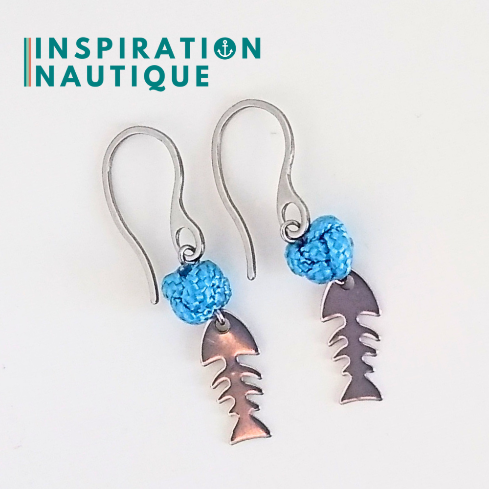 Boucles d'oreilles avec bille en corde et poisson en acier inoxydable, Bleu pâle