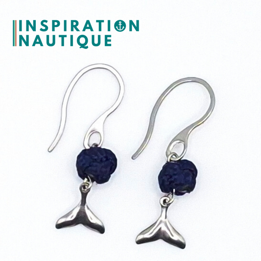 Boucles d'oreilles avec bille en corde et queue de baleine en acier inoxydable, Marines