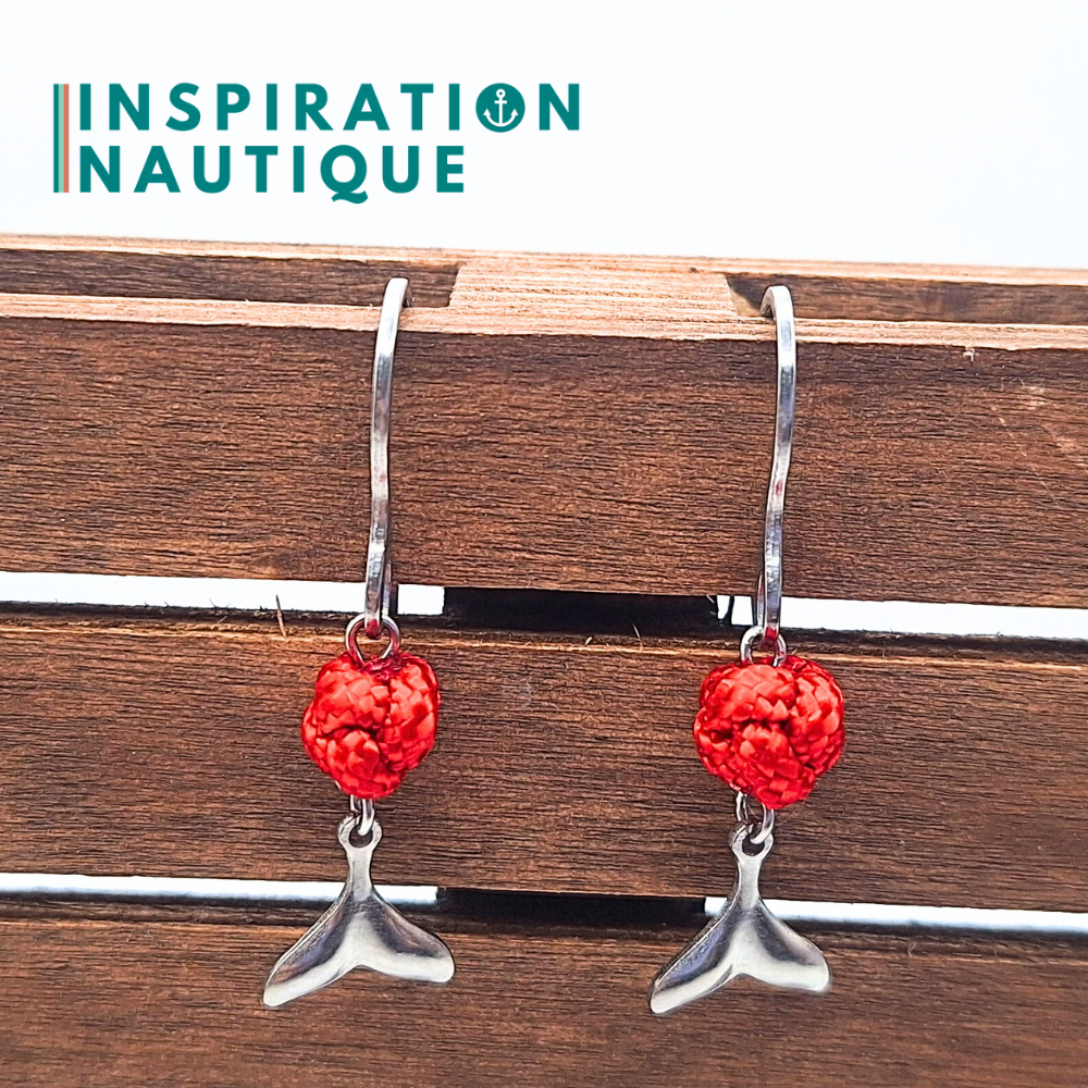 Earrings with rope ball and stainless steel whale tail, Red - Ready to ship