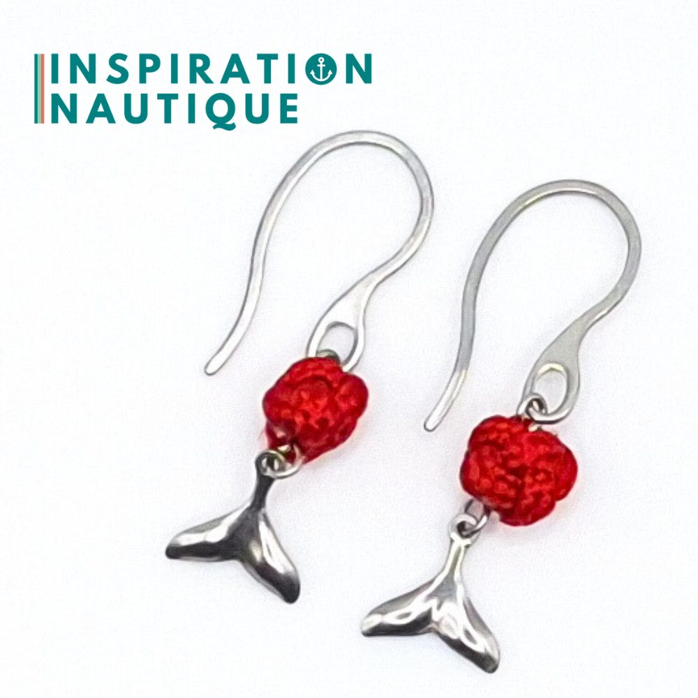 Earrings with rope ball and stainless steel whale tail, Red - Ready to ship