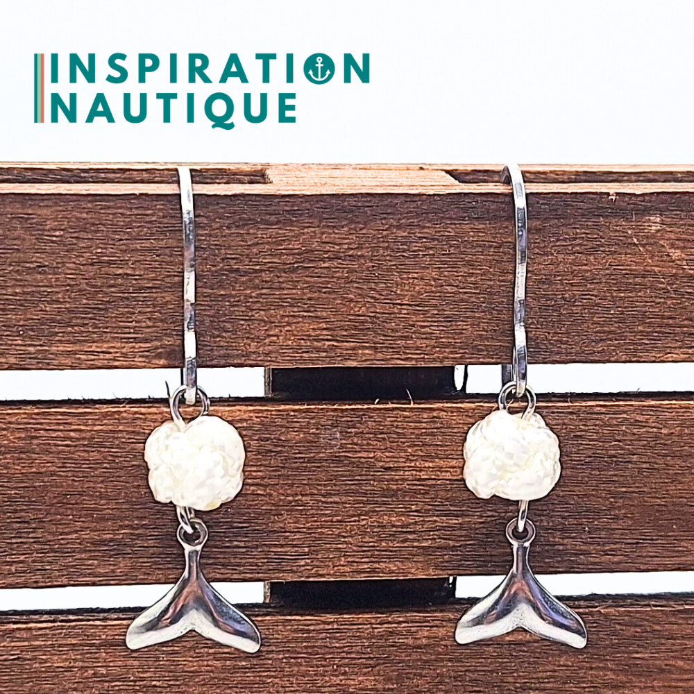 Boucles d'oreilles avec bille en corde et queue de baleine en acier inoxydable, Blanches