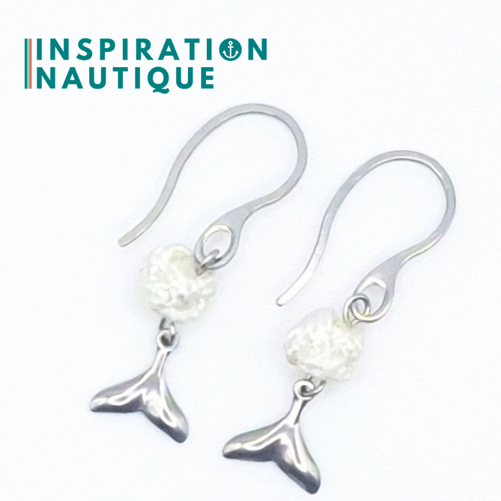 Earrings with rope ball and stainless steel whale tail, White - Ready to ship