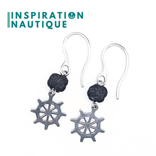 Boucles d'oreilles avec bille en corde et roue en acier inoxydable, Noire