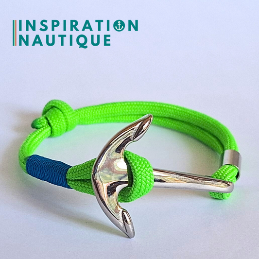 Bracelet marin avec ancre en paracorde 550 et acier inoxydable, ajustable, Vert fluo, Surliure bleue, Medium