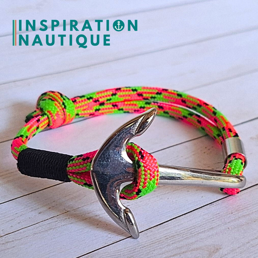 Ready to go | Marine bracelet with anchor for men or women in 550 paracord and stainless steel, adjustable, Caribbean Blue, Black binding, Medium