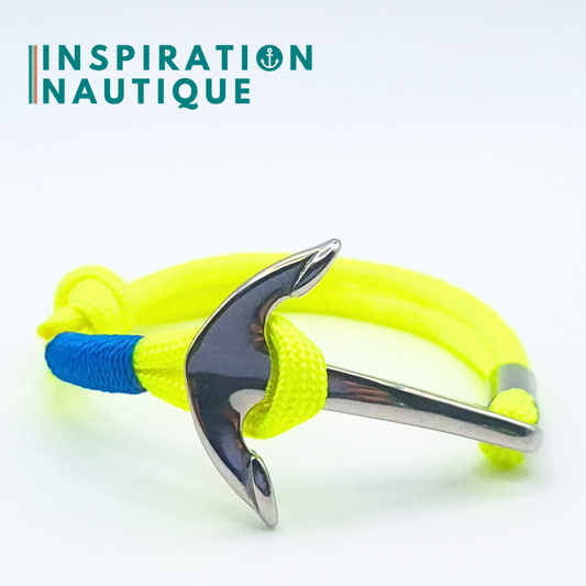 Bracelet marin avec ancre en paracorde 550 et acier inoxydable, ajustable, Jaune fluo, Surliure bleue, Medium